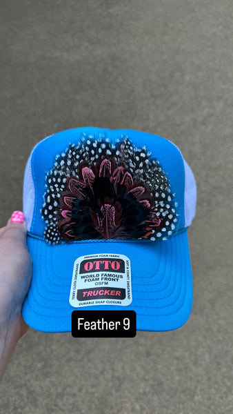BLUE AND WHITE FEATHER TRUCKER HAT
