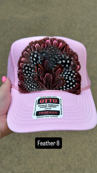LIGHT PINK FEATHER TRUCKER HAT