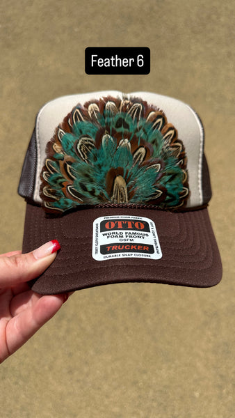 BROWN AND TAN FEATHER TRUCKER HAT