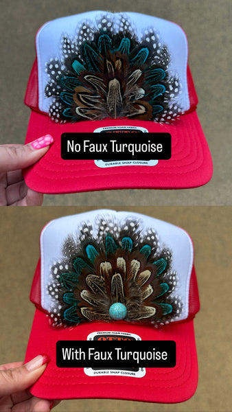 RED AND WHITE FEATHER TRUCKER HAT