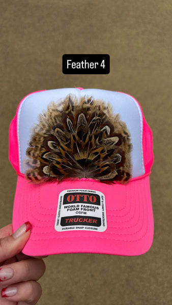 HOT PINK AND WHITE FEATHER TRUCKER HAT