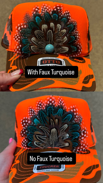 ORANGE CAMO CAMOUFLAGE FEATHER TRUCKER HAT