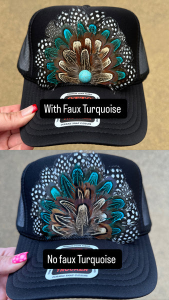 BLACK FEATHER TRUCKER HAT