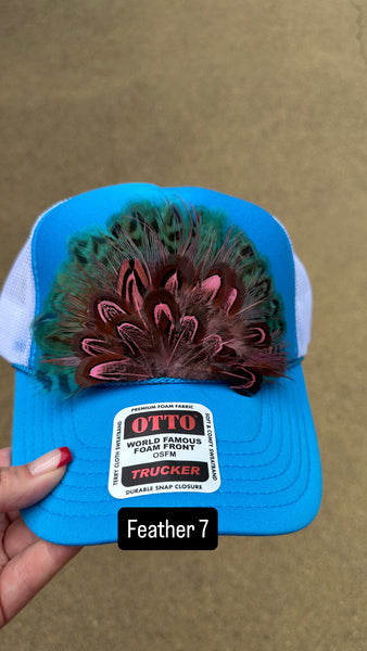 BLUE AND WHITE FEATHER TRUCKER HAT
