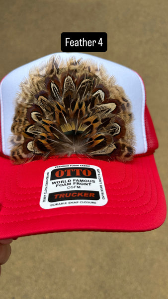 RED AND WHITE FEATHER TRUCKER HAT