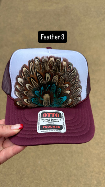 BURGUNDY AND WHITE FEATHER TRUCKER HAT