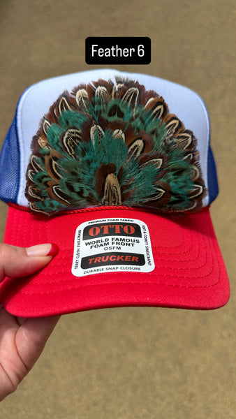 RED WHITE AND BLUE FEATHER TRUCKER HAT