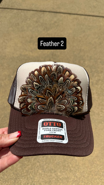 BROWN AND TAN FEATHER TRUCKER HAT
