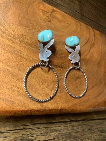 BUNNY HOOP EARRINGS WITH WHITE WATER TURQUOISE AND MADE FROM 9.25 STERLING SILVER