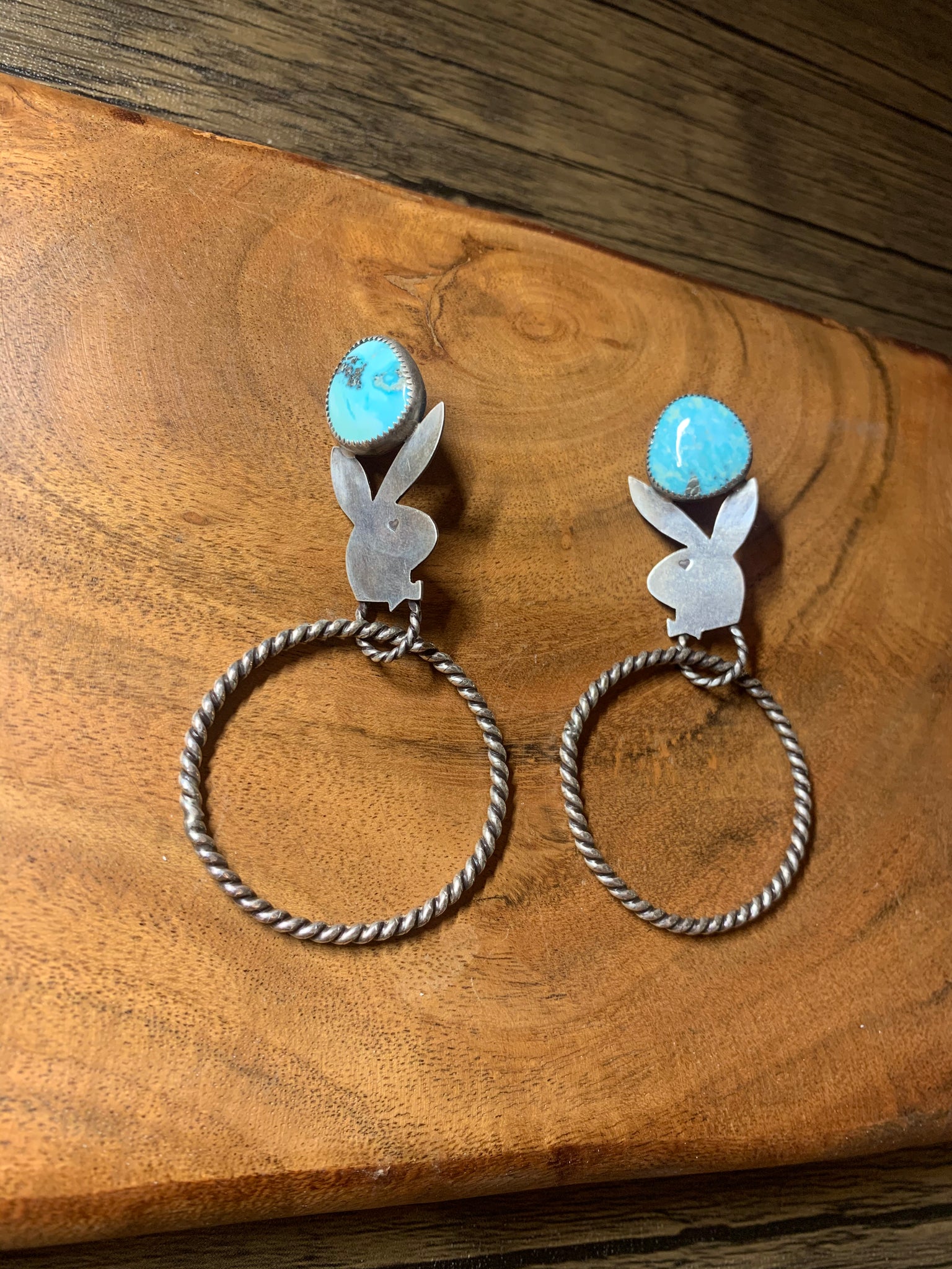 BUNNY HOOP EARRINGS WITH WHITE WATER TURQUOISE AND MADE FROM 9.25 STERLING SILVER