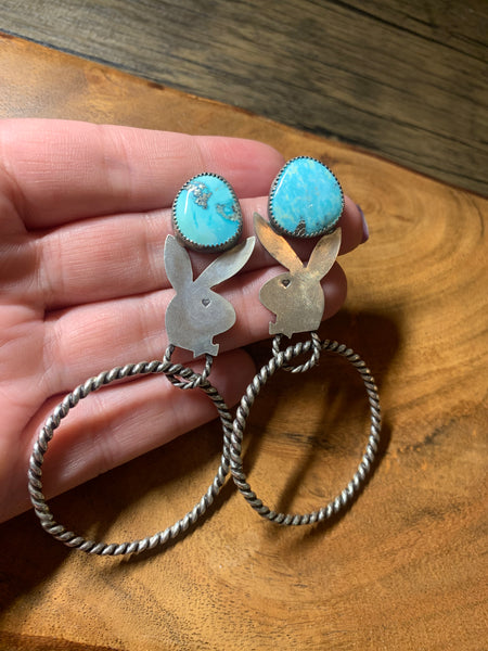 BUNNY HOOP EARRINGS WITH WHITE WATER TURQUOISE AND MADE FROM 9.25 STERLING SILVER